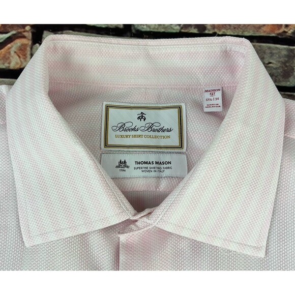 Brooks Brothers Luxury Thomas Mason Button Up Shirt Mens 17.5/34 Pink Striped - Picture 4 of 7